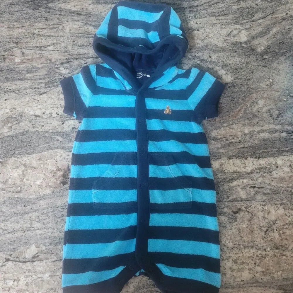 Baby GAP 3-6 Month Striped Hooded Terry Romper Jumpsuit Outfit Blue